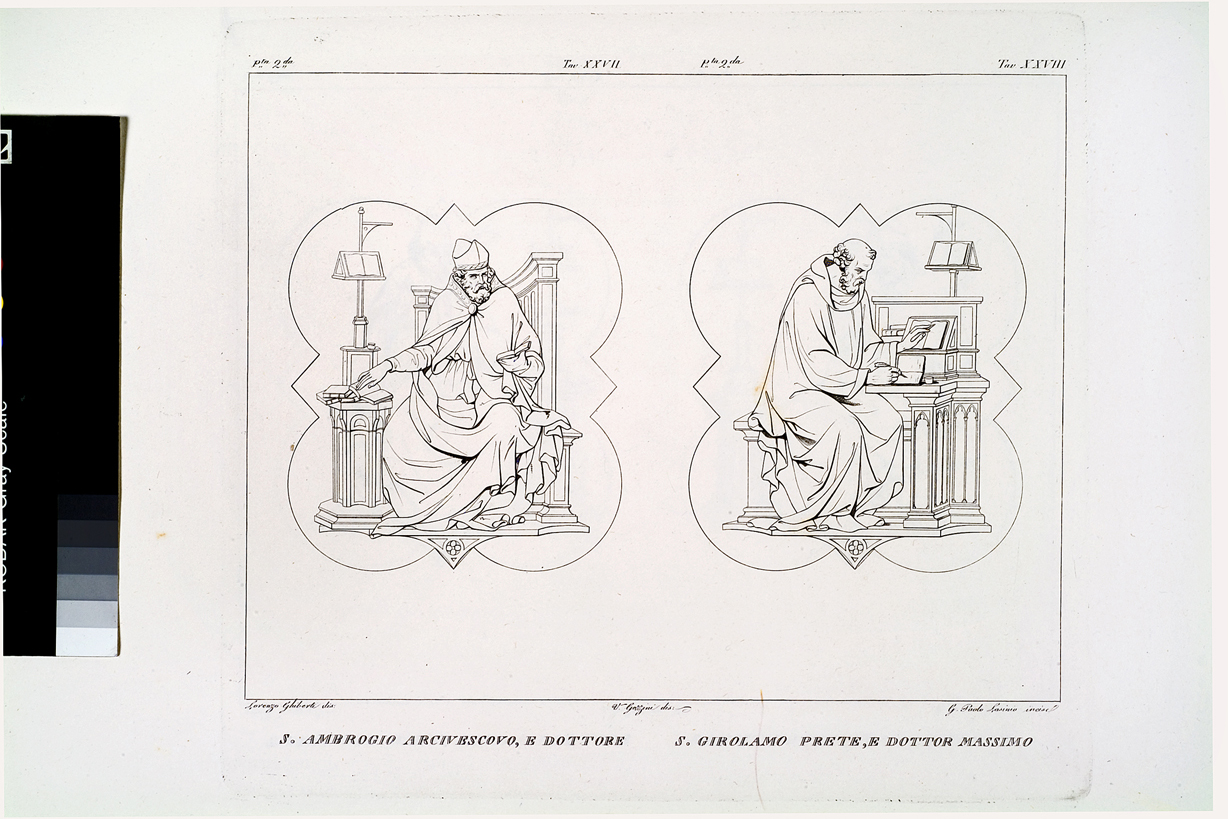 S. Ambrogio Arcivescovo, e Dottore / S. Girolamo prete, e Dottor massimo, Sant'Ambrogio / San Girolamo (stampa, serie) di Gozzini Vincenzo, Lasinio Giovanni Paolo, Ghiberti Lorenzo (primo quarto sec. XIX)