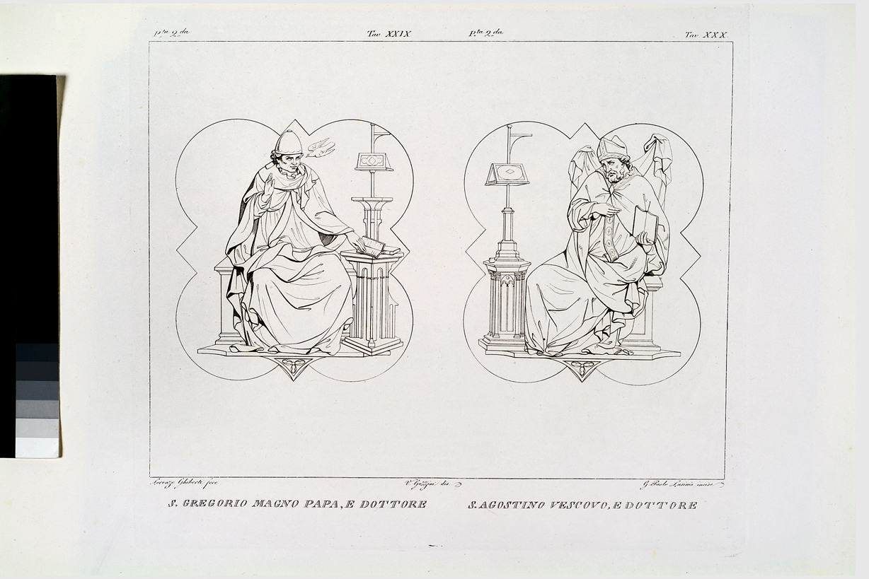 S. Gregorio Magno papa, e dottore / S. Agostino vescovo, e Dottore, San Gregorio Magno / Sant'Agostino (stampa, serie) di Gozzini Vincenzo, Lasinio Giovanni Paolo, Ghiberti Lorenzo (primo quarto sec. XIX)
