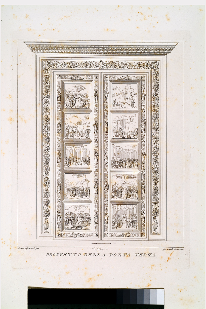 Prospetto della porta terza, elementi decorativi architettonici (stampa, serie) di Gozzini Vincenzo, Lasinio Giovanni Paolo, Ghiberti Lorenzo (primo quarto sec. XIX)