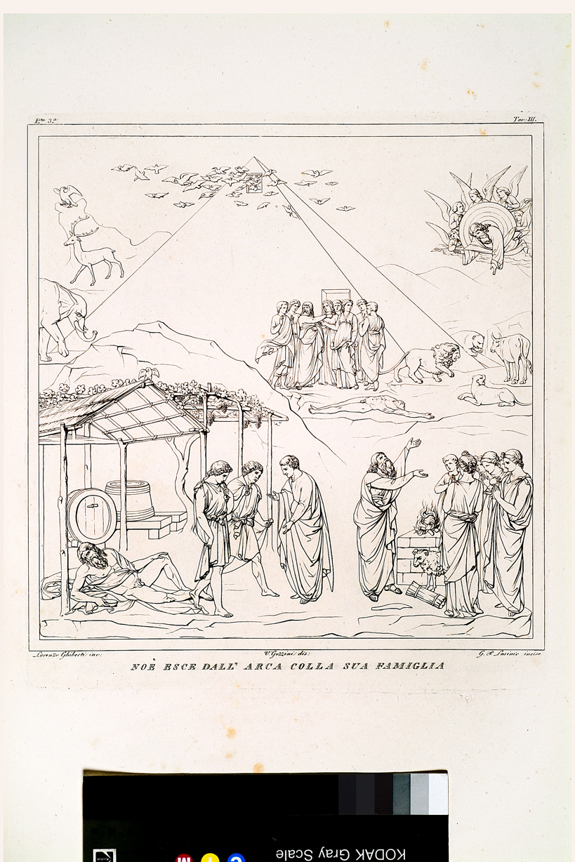 Noè esce dall'arca colla sua famiglia, Storia di Noè (stampa, serie) di Gozzini Vincenzo, Lasinio Giovanni Paolo, Ghiberti Lorenzo (primo quarto sec. XIX)