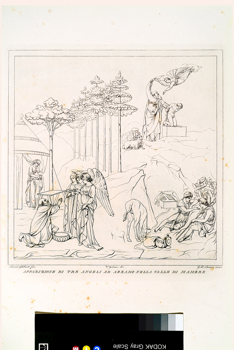 Apparizione di tre angeli ad Abramo nella valle di Mambre, Storia di Abramo (stampa, serie) di Gozzini Vincenzo, Lasinio Giovanni Paolo, Ghiberti Lorenzo (primo quarto sec. XIX)