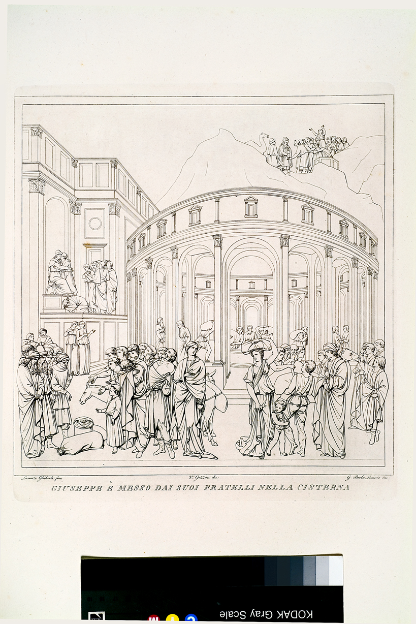 Giuseppe è messo dai suoi fratelli nella cisterna, Giuseppe calato nella cisterna (stampa, serie) di Gozzini Vincenzo, Lasinio Giovanni Paolo, Ghiberti Lorenzo (primo quarto sec. XIX)