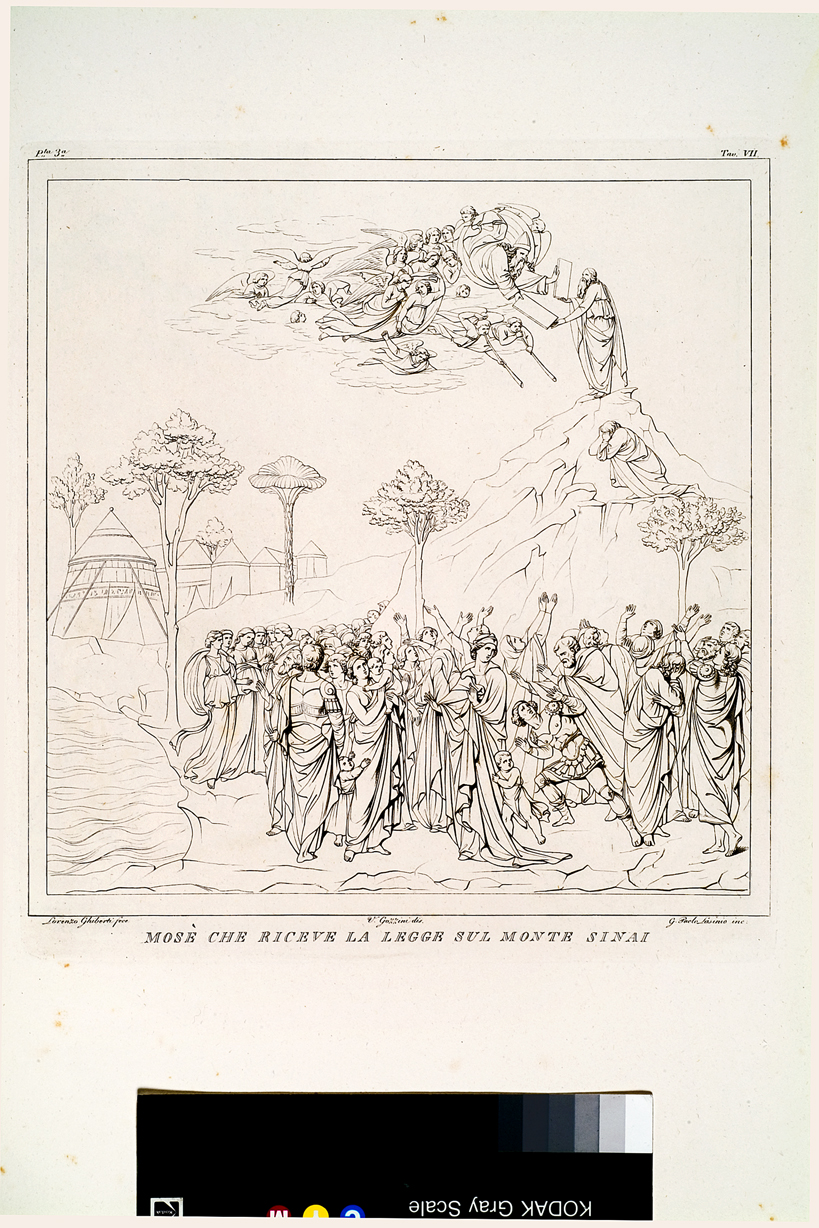 Mosè che riceve la legge sul Monte Sinai, Mosè riceve da Dio le tavole della legge (stampa, serie) di Gozzini Vincenzo, Lasinio Giovanni Paolo, Ghiberti Lorenzo (primo quarto sec. XIX)