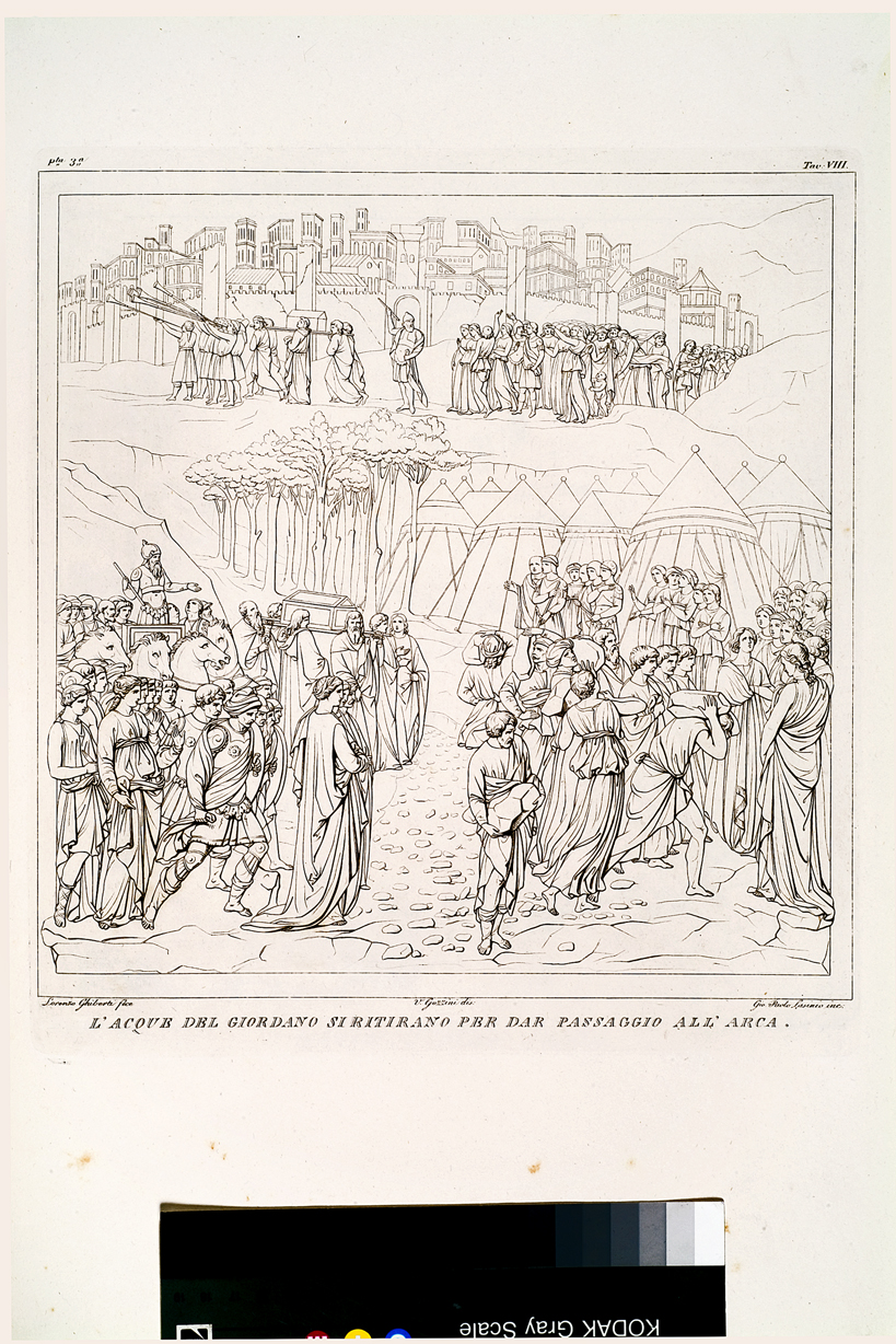 L'acque del Giordano si ritirano per dar passaggio all'arca, passaggio del mar Rosso (stampa, serie) di Gozzini Vincenzo, Lasinio Giovanni Paolo, Ghiberti Lorenzo (primo quarto sec. XIX)