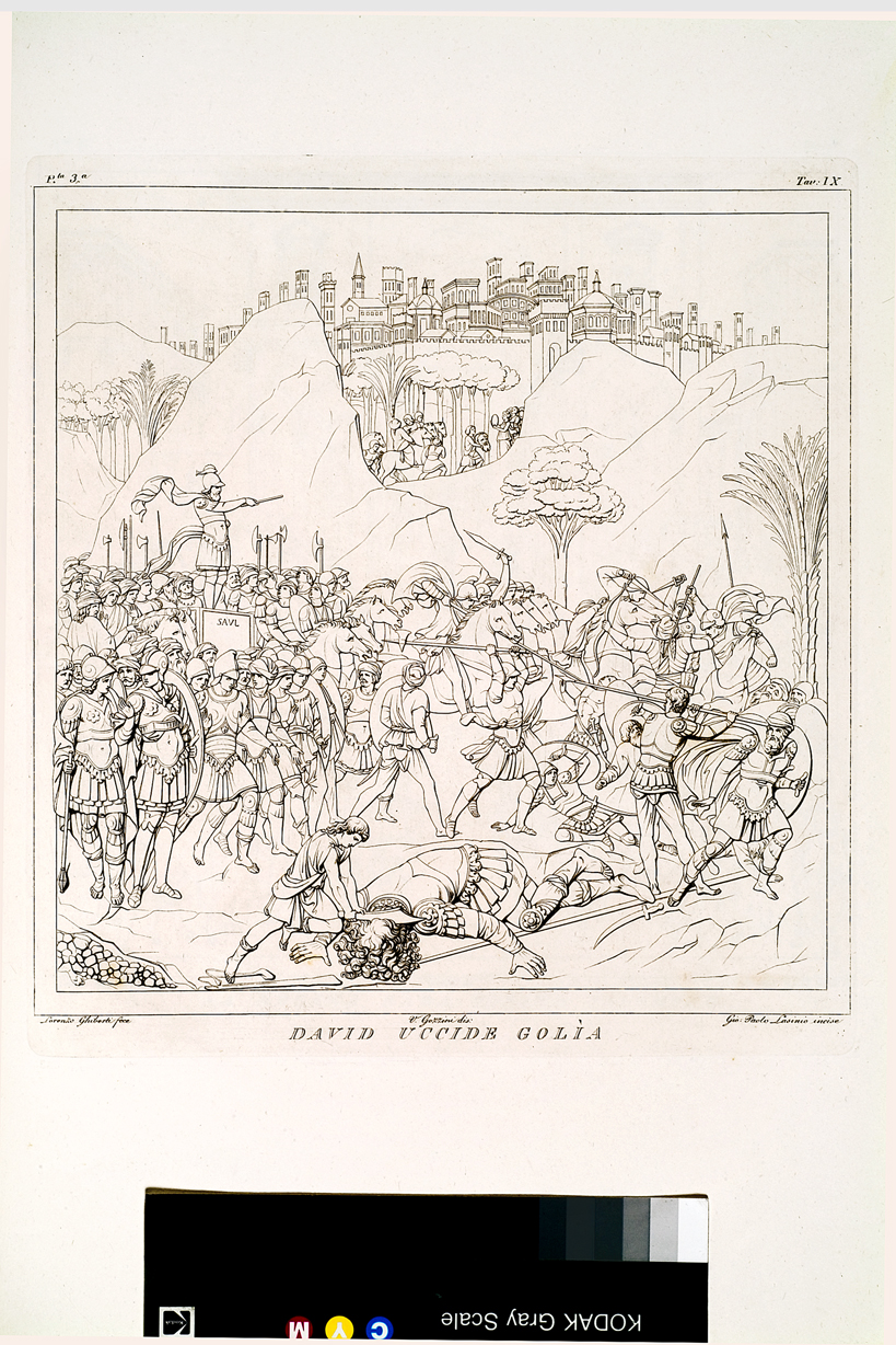 David uccide Golia, David decapita Golia (stampa, serie) di Gozzini Vincenzo, Lasinio Giovanni Paolo, Ghiberti Lorenzo (primo quarto sec. XIX)