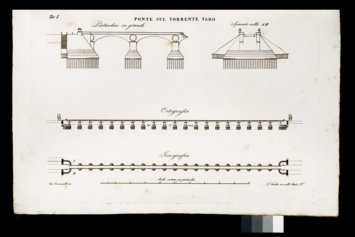 Ponte sul torrente Taro, veduta del ponte sul fiume Taro (stampa, serie) di Naudin, Cocconcelli Antonio (primo quarto sec. XIX)