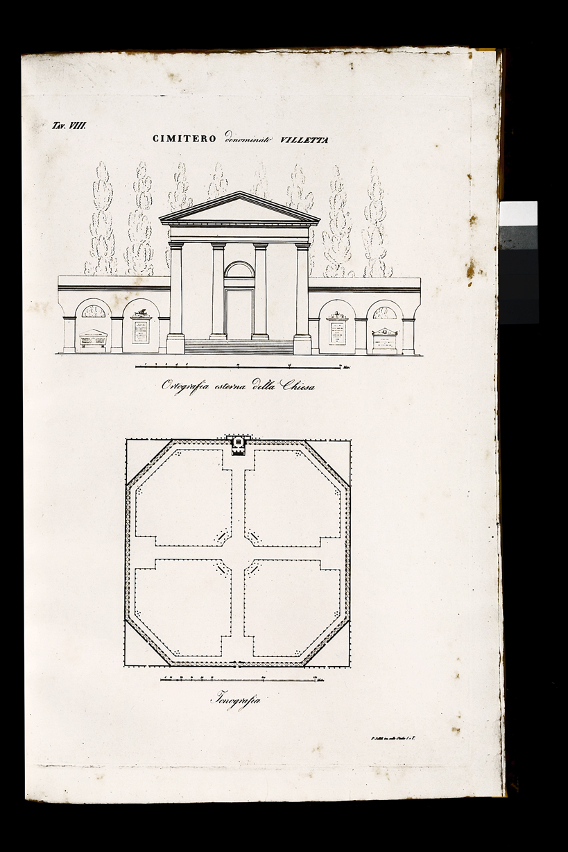 Cimitero denominato Villetta, veduta di un cimitero (stampa, serie) di Sottili Pietro (primo quarto sec. XIX)