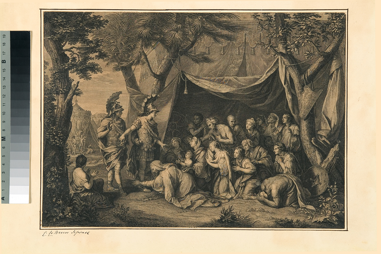 La regina di Persia ai piedi di Alessandro, Alessandro Magno riceve le spoglie dei vinti (stampa) di Audran Louis, Le Brun Charles (fine/inizio secc. XVII/ XVIII)