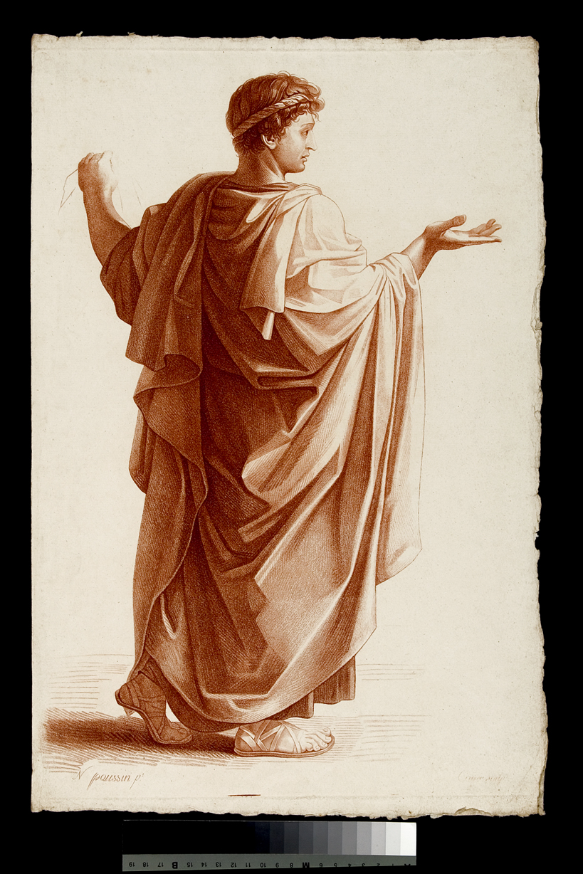 Mosè bambino calpesta la corona del Faraone, figura maschile panneggiata (stampa) di Carré Jules Ferdinand, Poussin Nicolas (terzo quarto sec. XIX)