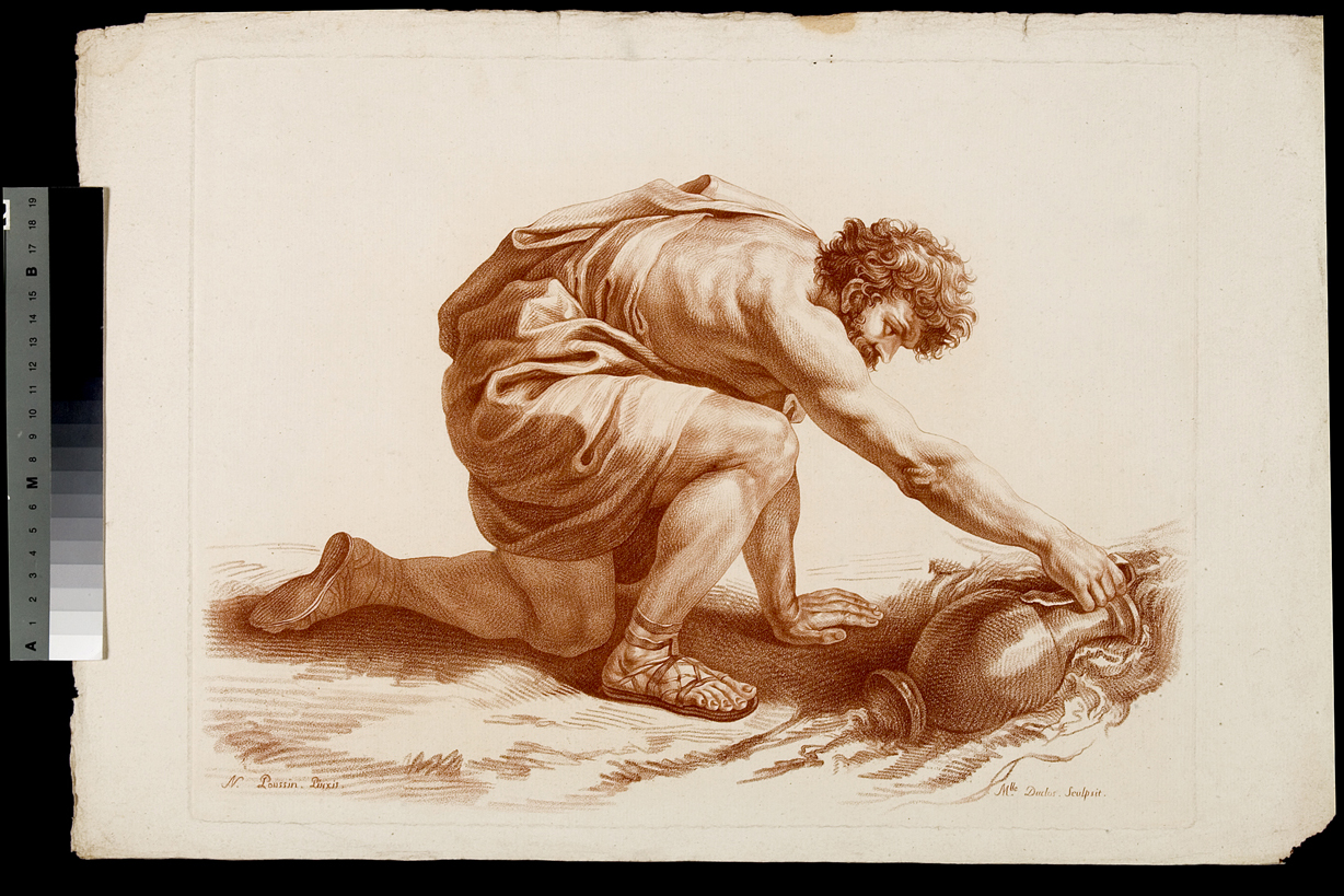 Mosè fa scaturire l'acqua dalla roccia, figura maschile inginocchiata (stampa) di Duclos Marie Adelaide Louise, Poussin Nicolas (terzo quarto sec. XIX)