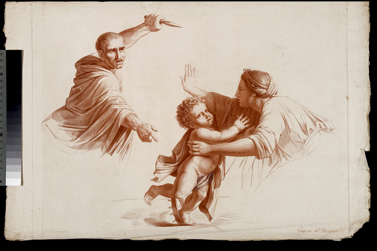 Mosè bambino calpesta la corona del Faraone, figura maschile con giovane madre con infante (stampa) di Brinclaire Elisabeth, Poussin Nicolas (ultimo quarto sec. XVIII)