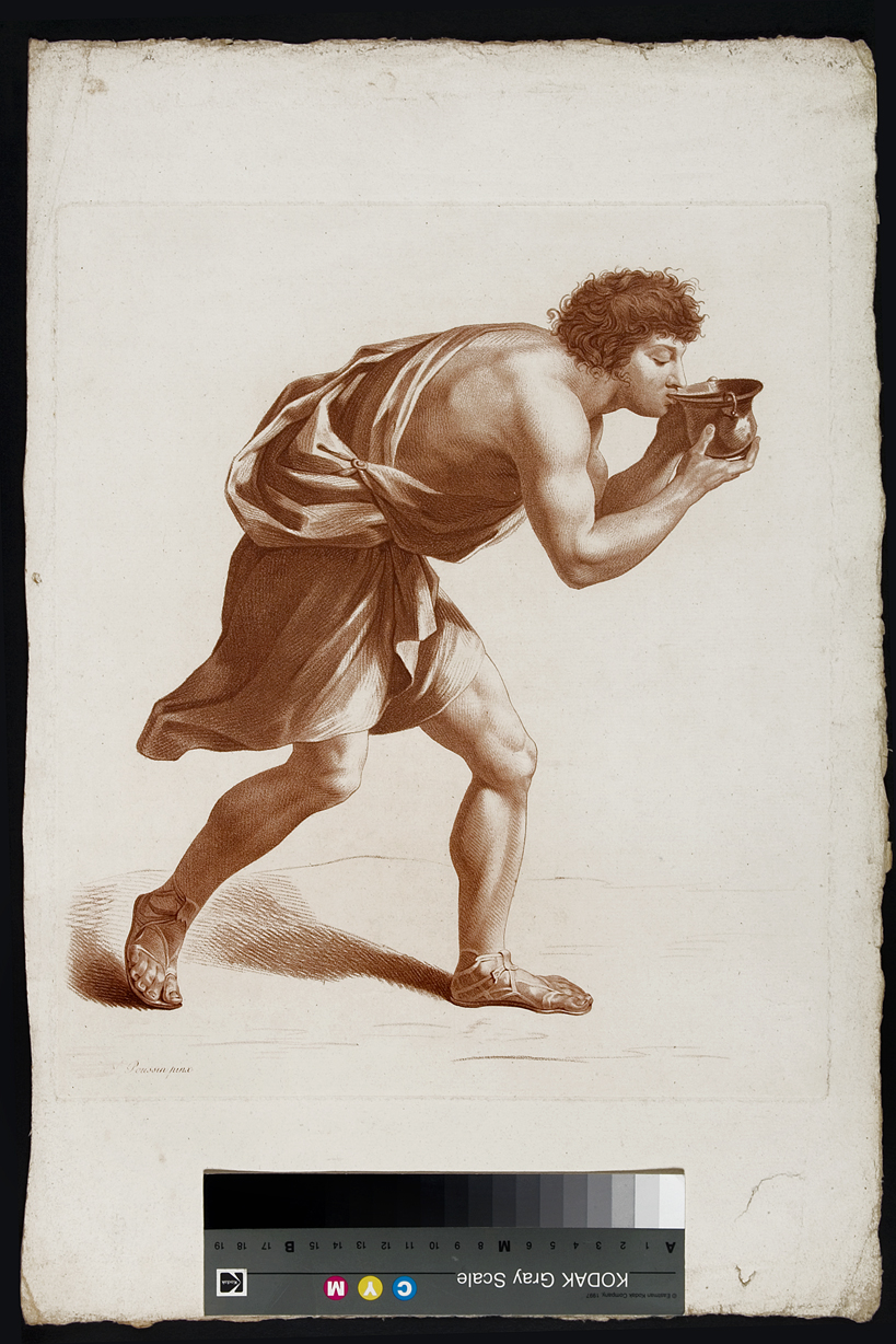Mosè fa scaturire l'acqua dalla roccia, figura maschile (stampa) di Poussin Nicolas (sec. XIX)