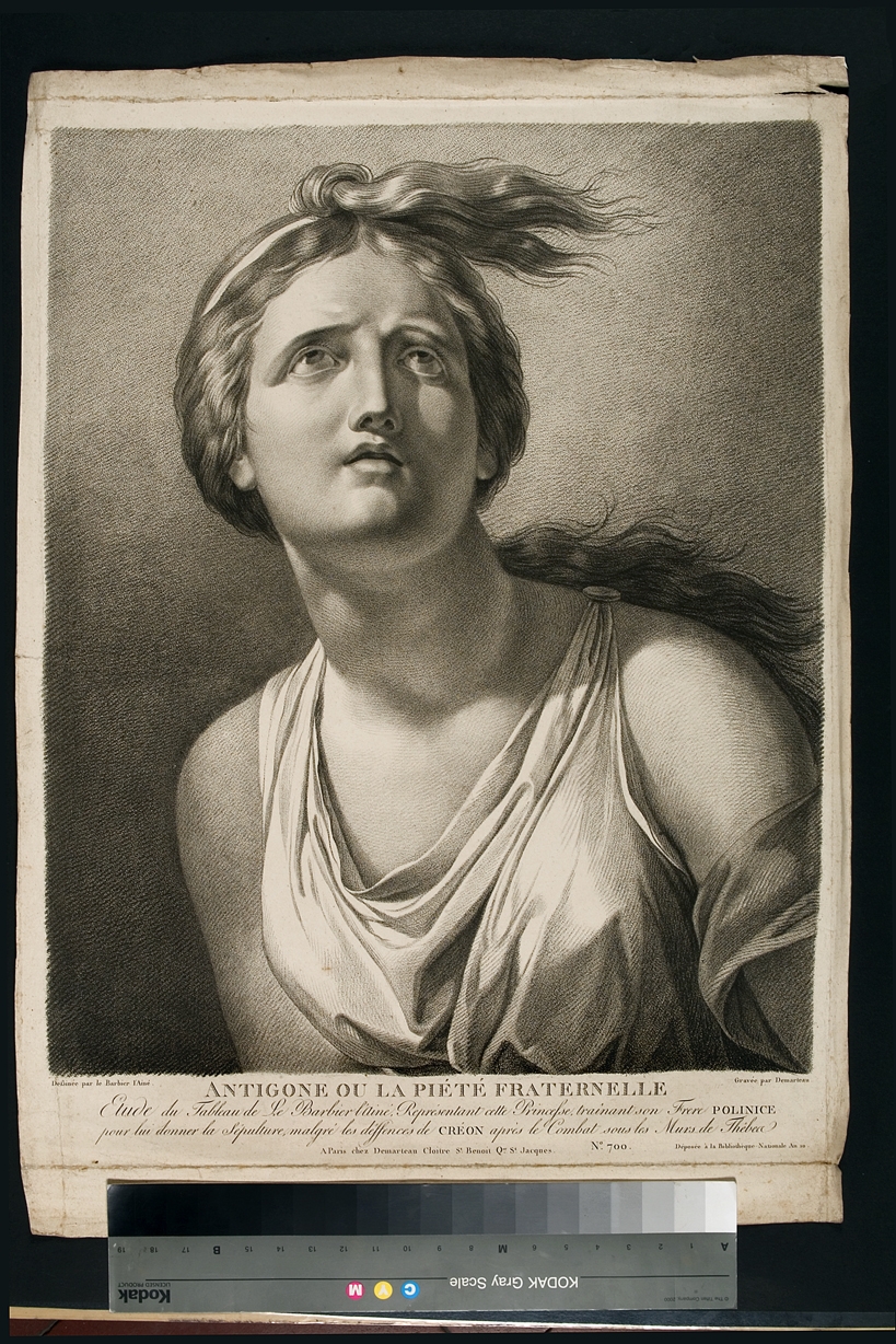 ANTIGONE OU LA PIETE FRATERNELLE, figura femminile (stampa) di Barbier Nicolas François, Demarteau Gilles Antoine (fine/inizio secc. XVIII/ XIX)