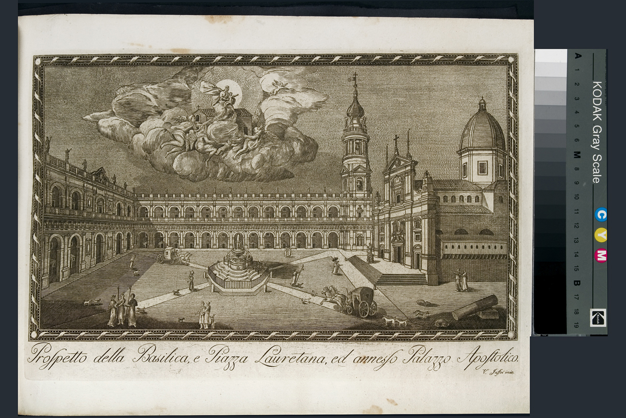 Prospetto della Basilica e Piazza Lauretana, ed annesso Palazzo Apostolico, veduta della casa di Loreto (stampa, serie) di Jaffei V, Bramante Donato (sec. XIX)