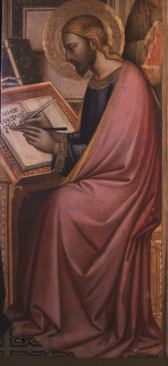 Evangelista in atto di scrivere (dipinto, opera isolata) di Maestro della Misericordia (terzo quarto sec. XIV)