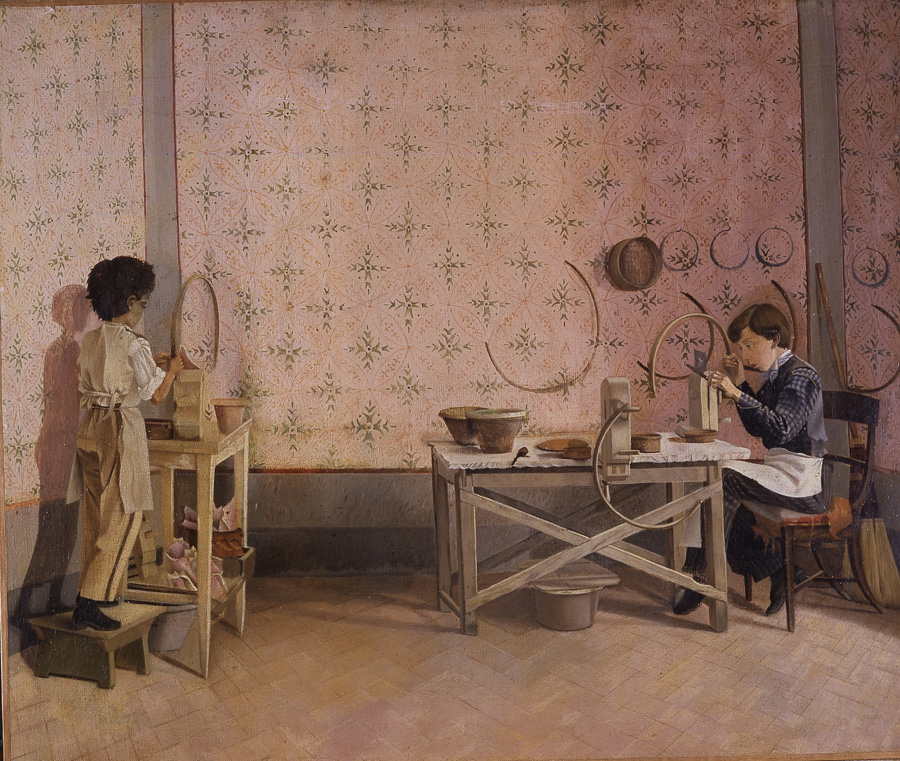 Ragazzi che lavorano l'alabastro, ragazzi al lavoro in interno di casa (dipinto, opera isolata) di Cecioni Adriano (sec. XIX)