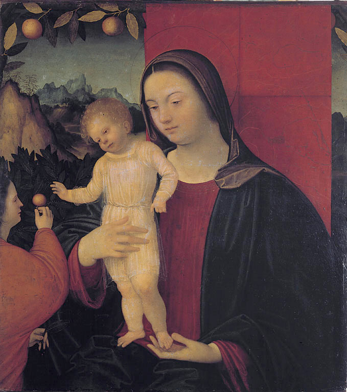 Madonna con il Bambino ed un angelo, Madonna con Bambino e angelo (dipinto, opera isolata) di Giovanni Agostino da Lodi detto Pseudo Boccaccino (sec. XVI)