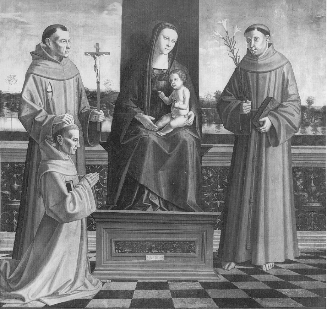 Madonna con Bambino fra Sant'antonio da Padova e San Francesco d'Assisi che presenta il beato Amedeo Mendez da Sylva, Madonna con Bambino in trono con Sant'Antonio da Padova, San Francesco d'Assisi e il Beato Amedeo Menez da Sylva (dipinto, opera isolata) di Aleni Tommaso detto Fadino (sec. XVI)