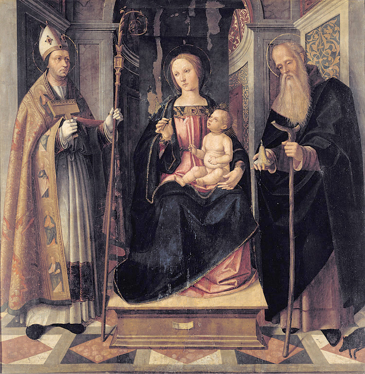 Madonna col Bambino fra i Santi Biagio e Antonio Abate, Madonna con Bambino in trono con San Biagio e Sant'Antonio Abate (dipinto, opera isolata) di Campi Galeazzo (sec. XVI)