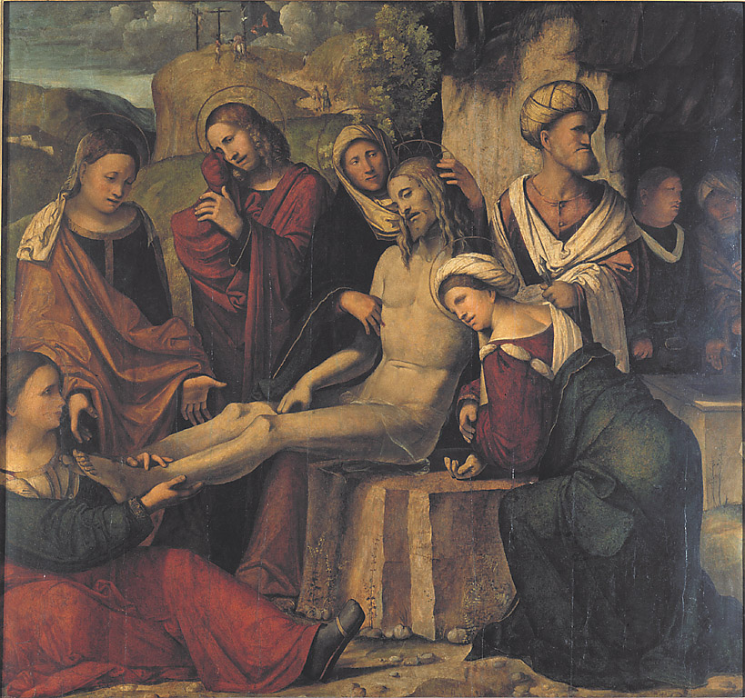 Deposizione, Cristo deposto con la Madonna, Santa Maria Maddalena e San Giovanni Battista (dipinto, opera isolata) di Meloni Altobello (sec. XVI)