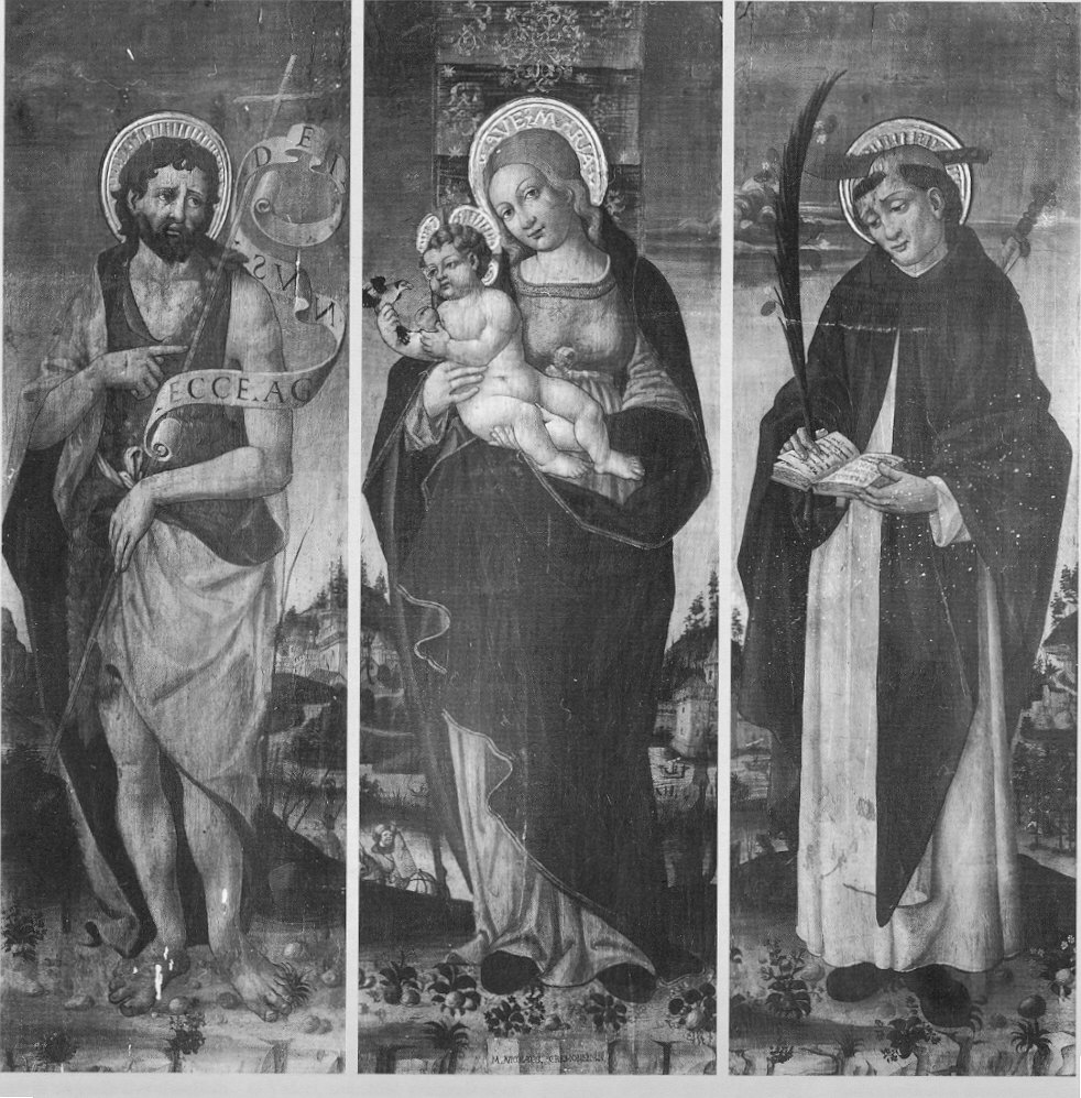 Madonna col Bambino tra San Giovanni Battista e San Pietro Martire, Madonna con Bambino// San Giovanni Battista// San Pietro Martire (trittico, opera isolata) di Nicolò da Cremona (sec. XVI)