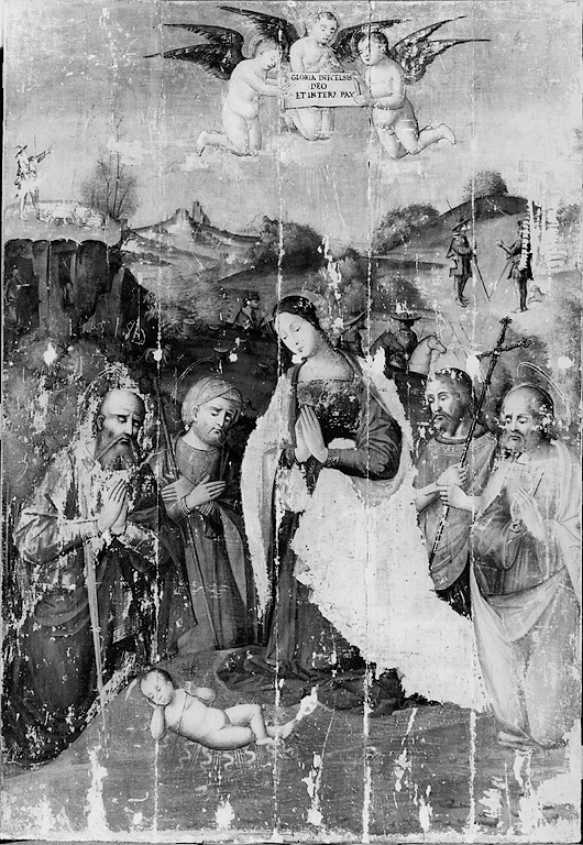 Madonna in adorazione del bambino tra i Santi Giovanni Battista, Pietro, Paolo e altro santo, Madonna in adorazione del Bambino con San Giovanni Battista, San Pietro, San Paolo e altro Santo (dipinto, opera isolata) - ambito cremonese (sec. XVI)