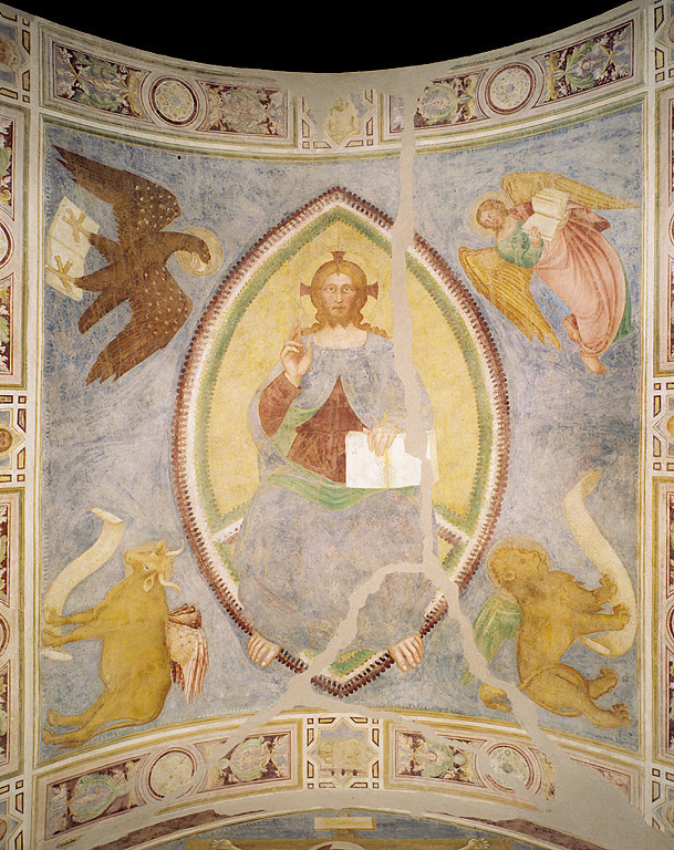 Redentore nella mandorla tra i simboli degli evangelisti, Cristo benedicente e simboli dei quattro Evangelisti (dipinto, elemento d'insieme) di Maestro di Mocchirolo - ambito lombardo (sec. XIV)