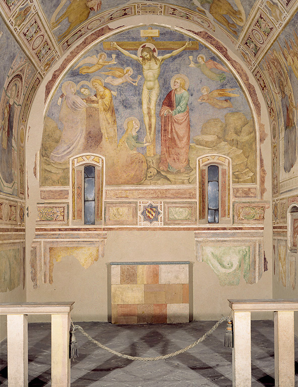 Affreschi dall'Oratorio Porro di Mocchirolo, Crocefissione// Il conte Porro con i familari// Sant'Ambrogio in cattedra// Sposalizio mistico di Santa Caterina// Redentore nella mandorla// SantoCavaliere// Cristo Risorto benedicente (dipinto, complesso decorativo) di Maestro di Mocchirolo - ambito lombardo (sec. XIV)