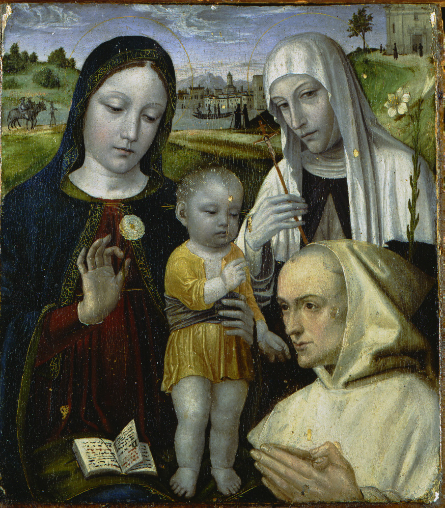 Madonna col Bambino, Santa Caterina da Siena e un monaco certosino, Madonna con Bambino, Santa Caterina da Siena e un monaco certosino (dipinto, opera isolata) di Ambrogio da Fossano detto Bergognone (sec. XV)