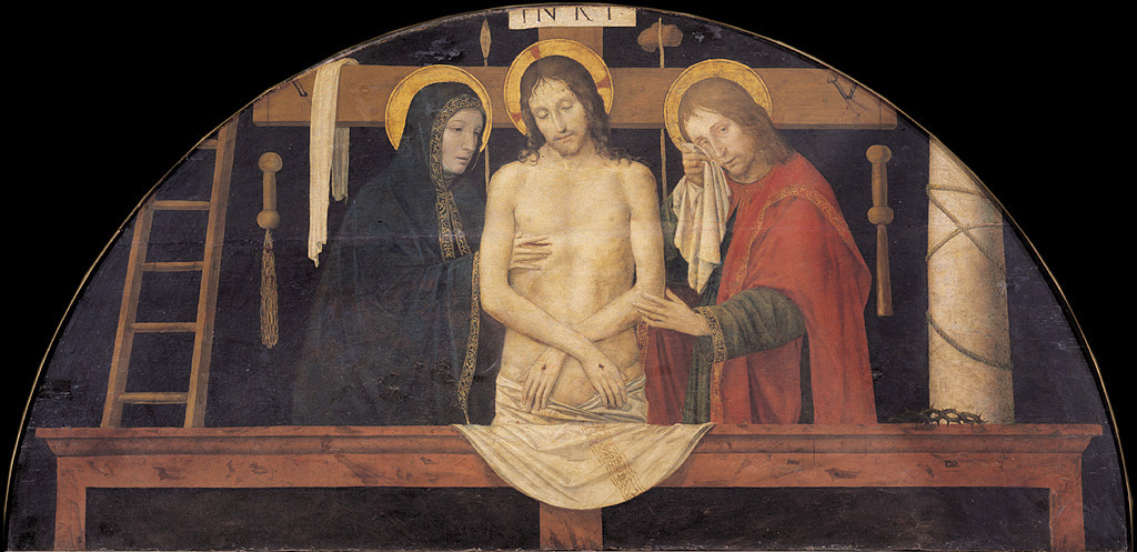 Cristo in pietà tra la Vergine e san Giovanni, Cristo in pietà tra la Madonna e San Giovanni Evangelista (dipinto, elemento d'insieme) di Ambrogio da Fossano detto Bergognone (secc. XV/ XVI)