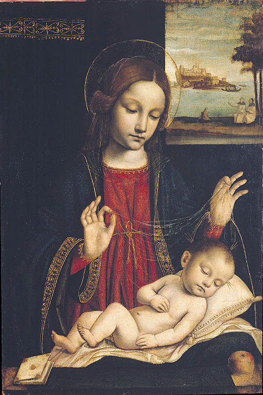 Madonna col Bambino dormiente (Madonna del velo), Madonna con Bambino dormiente (dipinto, opera isolata) di Ambrogio da Fossano detto Bergognone (sec. XVI, sec. XVI)