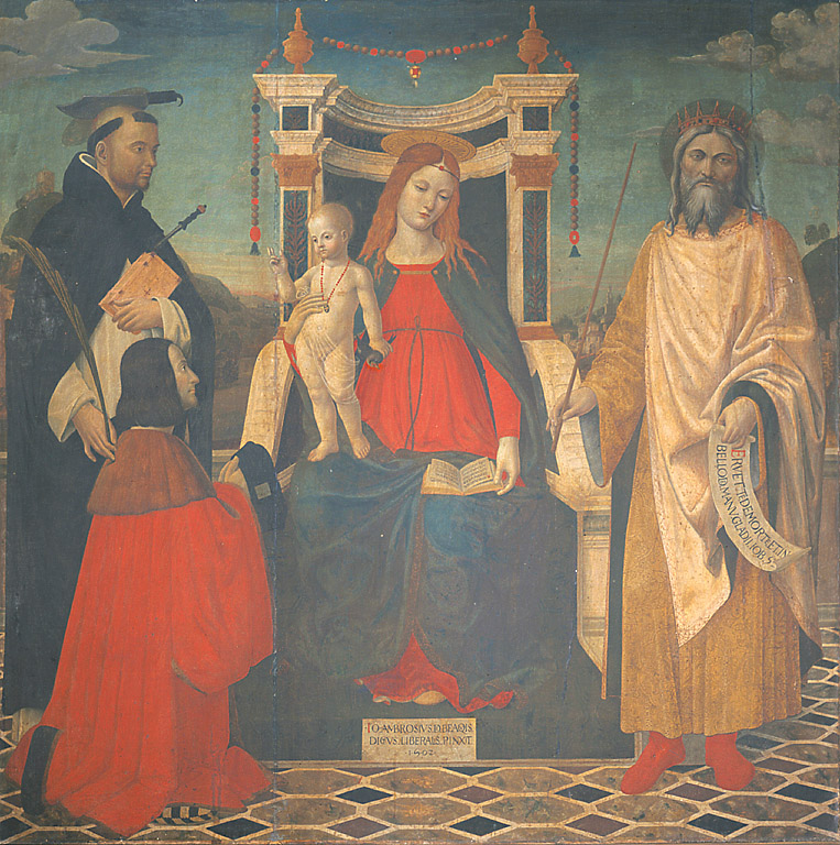 Madonna col Bambino, San Pietro martire, re David ed un offerente, Madonna con Bambino in trono con San Pietro Martire, Re David e donatore (dipinto, opera isolata) di Bevilacqua Giovanni Ambrogio detto Liberale (sec. XVI)