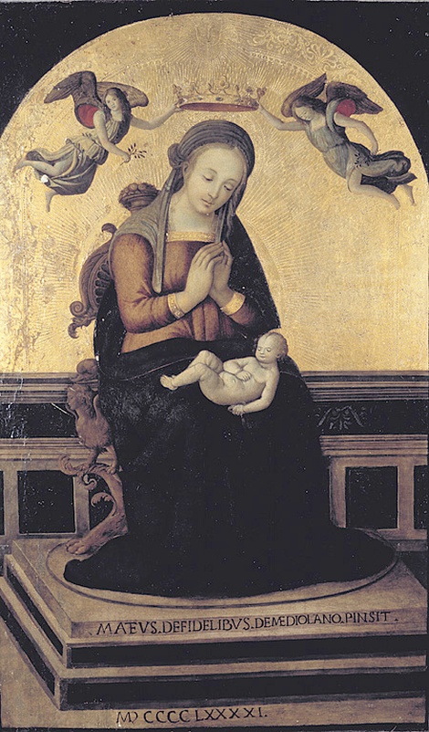 Madonna in trono col Bambino e due angeli, Madonna in trono con Bambino e due angeli (dipinto, opera isolata) di De Fedeli Matteo (sec. XV)