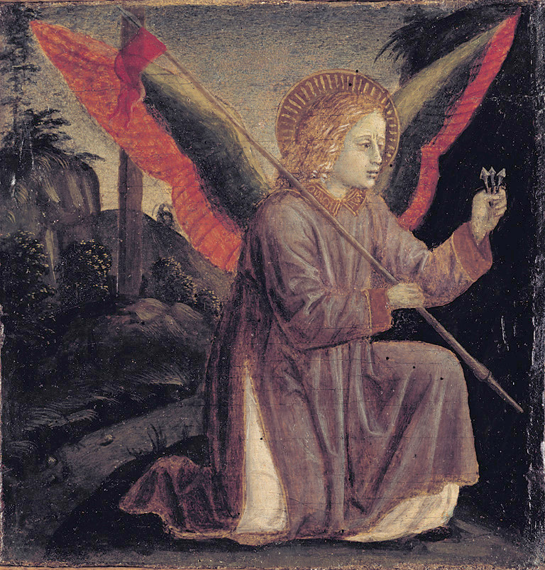 Due angeli con l'emblema della Passione, angelo con simboli della Passione (scomparto di predella, elemento d'insieme) di Foppa Vincenzo (sec. XV)