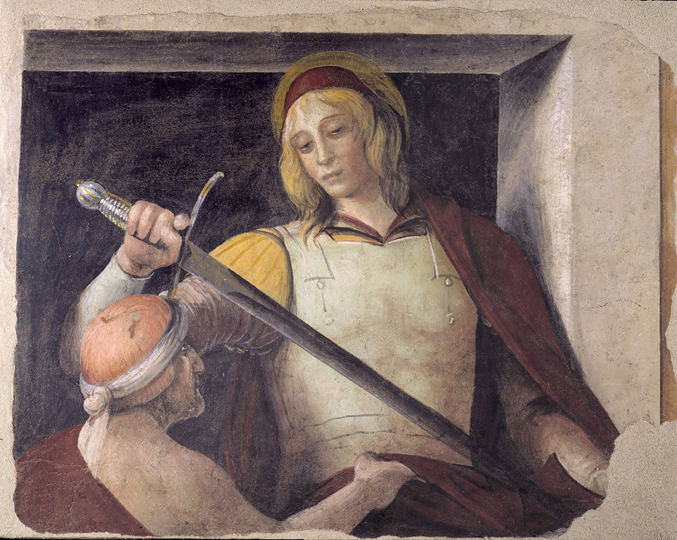 San Martino dona il mantello al povero, San Martino dona parte del mantello al povero (dipinto, ciclo) di Pseudo Boltraffio (sec. XVI)