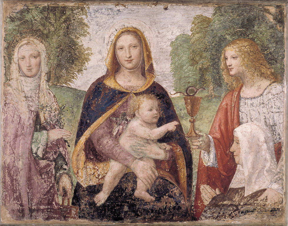 Madonna con Bambino, Santa Marta e San Giovanni Evangelista che presenta una monaca agostiniana, Madonna con Bambino, Santa Marta e San Giovanni Evangelistache e monaca agostiniana (dipinto, frammento) di Luini Bernardino (sec. XVI)