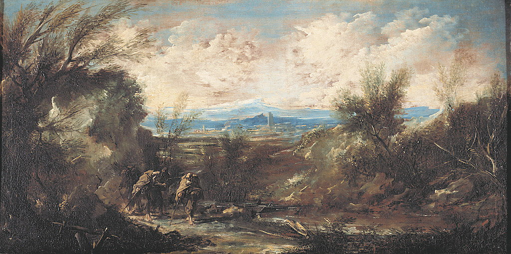 Paesaggio con tre frati, paesaggio con tre frati (dipinto, opera isolata) di Magnasco Alessandro detto Lissandrino (sec. XVIII)