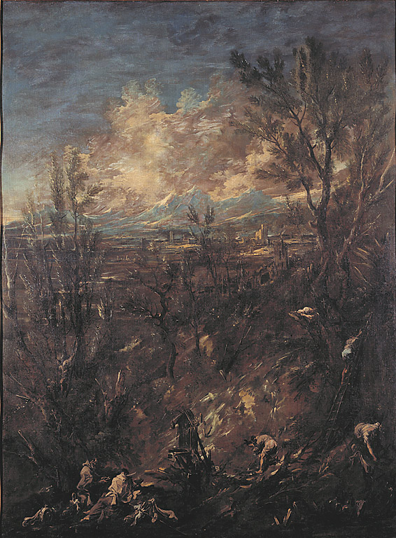 Paesaggio con frati in sosta, paesaggio con frati in sosta (dipinto, opera isolata) di Magnasco Alessandro detto Lissandrino (sec. XVIII)