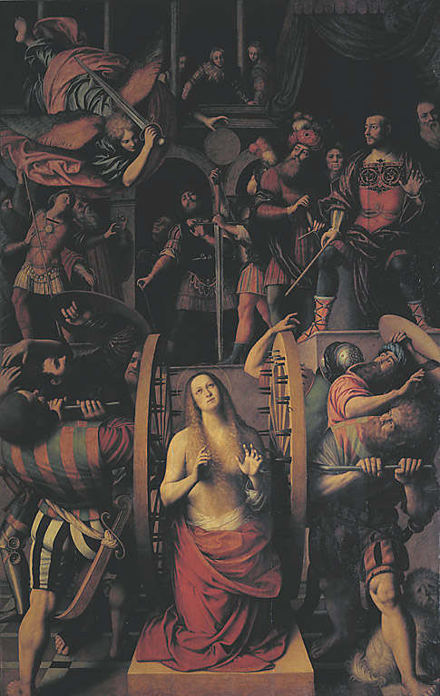 Santa Caterina torturata con la ruota; Martirio di Santa Caterina, Santa Caterina d'AlesSandria e il miracolo della ruota (dipinto, opera isolata) di Ferrari Gaudenzio (sec. XVI)