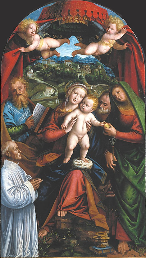 Madonna con Bambino e i Santi Marta, Giacomo, Giuseppe e offerente, Madonna con Bambino, Santa Marta, San Giacomo, San Giuseppe e offerente (dipinto, opera isolata) di Giovenone Girolamo (bottega) (sec. XVI)