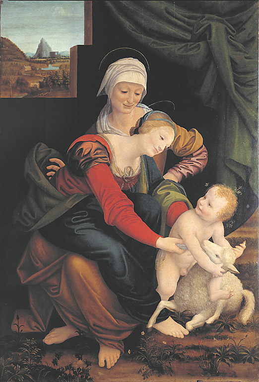 La Vergine seduta sulle ginocchia di Sant' Anna col Bambino e l'agnellino, Sant'Anna con la Madonna e Gesù Bambino (dipinto, opera isolata) di Lanino Bernardino (attribuito) (sec. XVI)