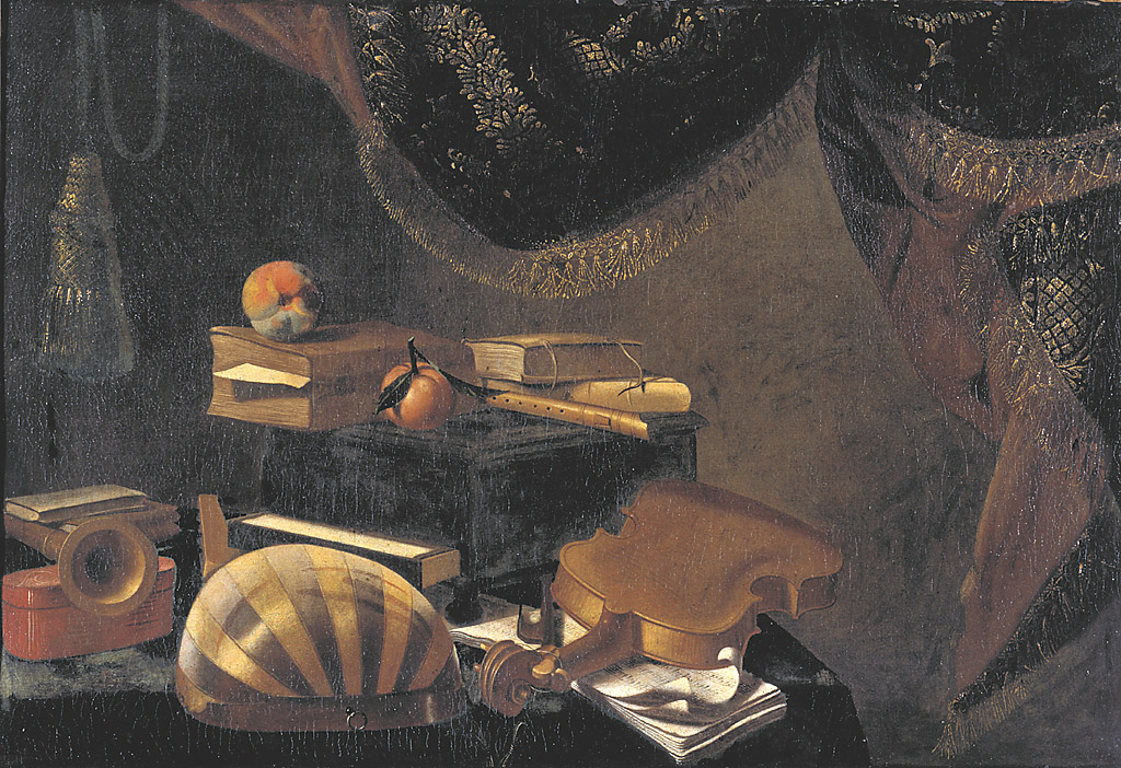 Natura morta con strumenti musicali, natura morta con strumenti musicali (dipinto, opera isolata) di Baschenis Evaristo (sec. XVII)
