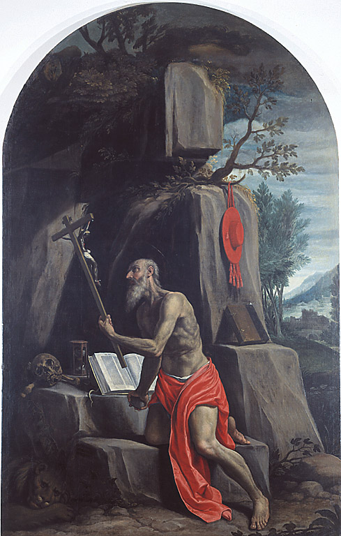San Gerolamo in meditazione, San Girolamo in meditazione (dipinto, opera isolata) di Cavagna Gian Paolo (fine sec. XVI)