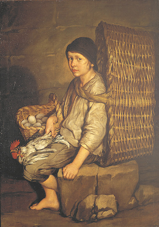 Portarolo seduto con cesta a tracolla uova e pollame, giovane seduto su una cesta (dipinto, opera isolata) di Ceruti Giacomo detto Pitocchetto (sec. XVIII)
