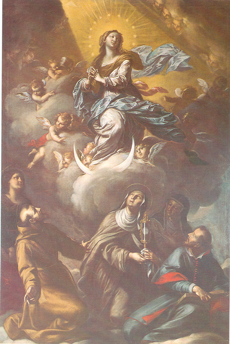 L'Immacolata e i Santi Chiara, Francesco, Bonaventura, Agnese e Polissena, Madonna Immacolata e Santa Chiara, San Francesco, San Bonaventura, Santa Agnese e Polissena (dipinto, opera isolata) di Paglia Francesco (sec. XVII)