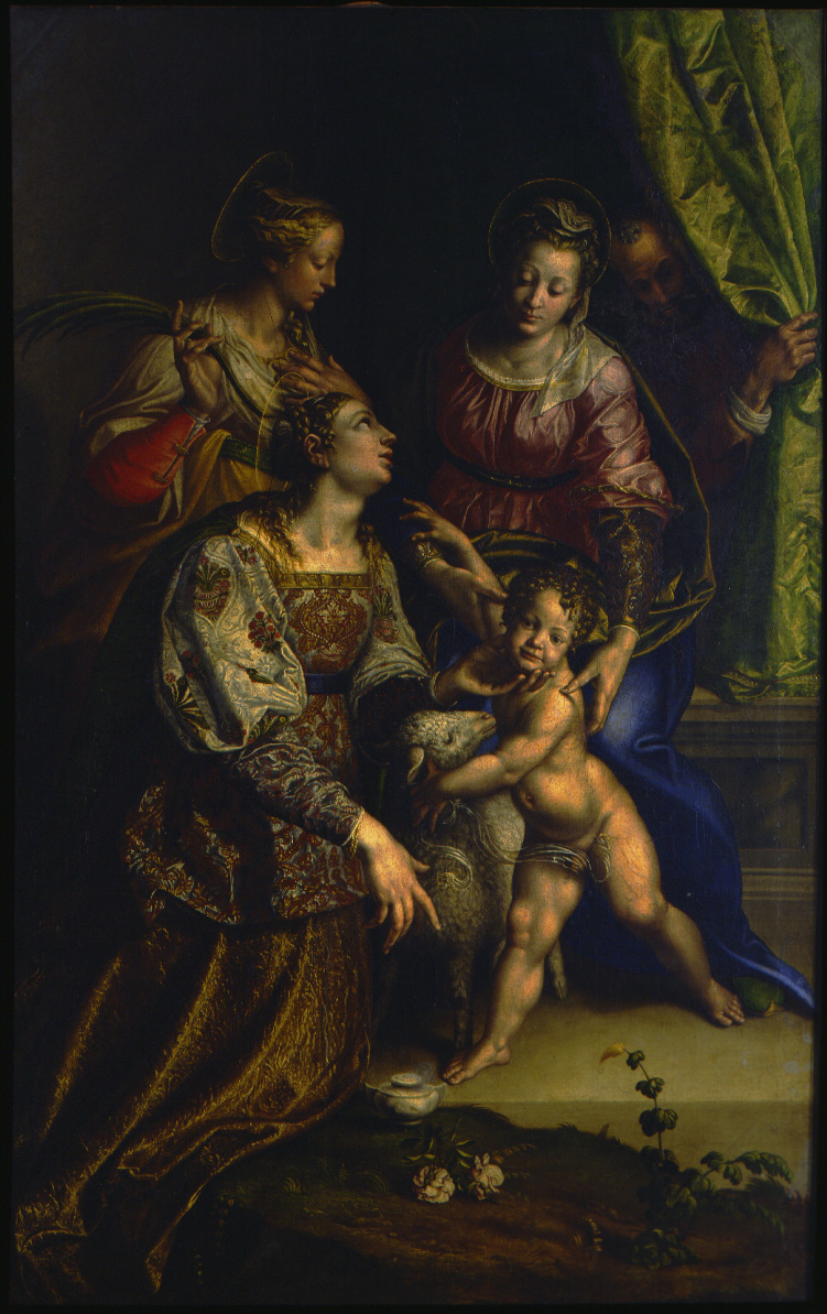 Madonna col Bambino, San Giuseppe, Santa Caterina e Sant'Agnese, Madonna con Bambino, San Giuseppe, Santa Caterina e Sant'Agnese (pala d'altare, opera isolata) di Campi Antonio (sec. XVI)