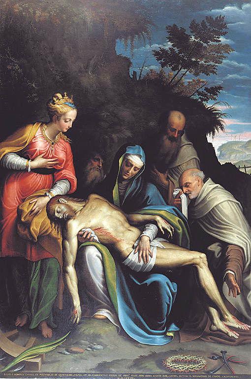 Pietà con santa Caterina d'Alessandria, i profeti Elia, Eliseo e GabrieleQuintiano, pietà con la Madonna, Santa Caterina d'AlesSandria, e i profeti Elia, Eliseo e Gabriele Quintiano (pala d'altare, opera isolata) di Campi Bernardino (sec. XVI)