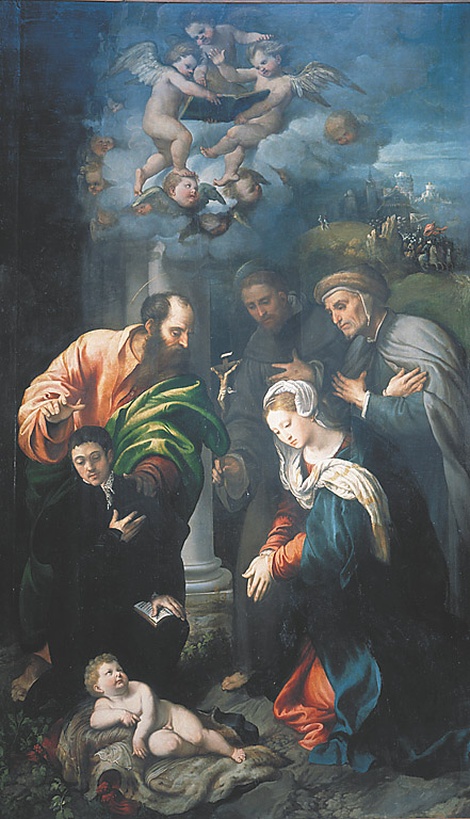 Madonna con Bambino con i SS. Antonio da Padova, il Beato Alberto di Villa d'Ogna e un offerente, Madonna con Bambino con i SS. Antonio da Padova, il Beato Alberto di Villa d'Ogna e un offerente (dipinto, opera isolata) di Campi Giulio (sec. XVI)