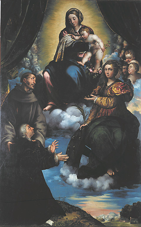 Madonna con Bambino con Santa Caterina di Alessandria, San Francesco e unofferente Stampa Soncino, Madonna con Bambino, Santa Caterina di AlesSandria, San Francesco e Stampa Soncino (dipinto, opera isolata) di Campi Giulio (sec. XVI)