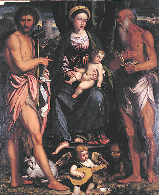 La Madonna col Bambino tra San Giovanni Battista e San Gerolamo, Madonna con Bambino tra San Giovanni Battista e San Girolamo (dipinto, opera isolata) di Piazza Callisto (sec. XVI)